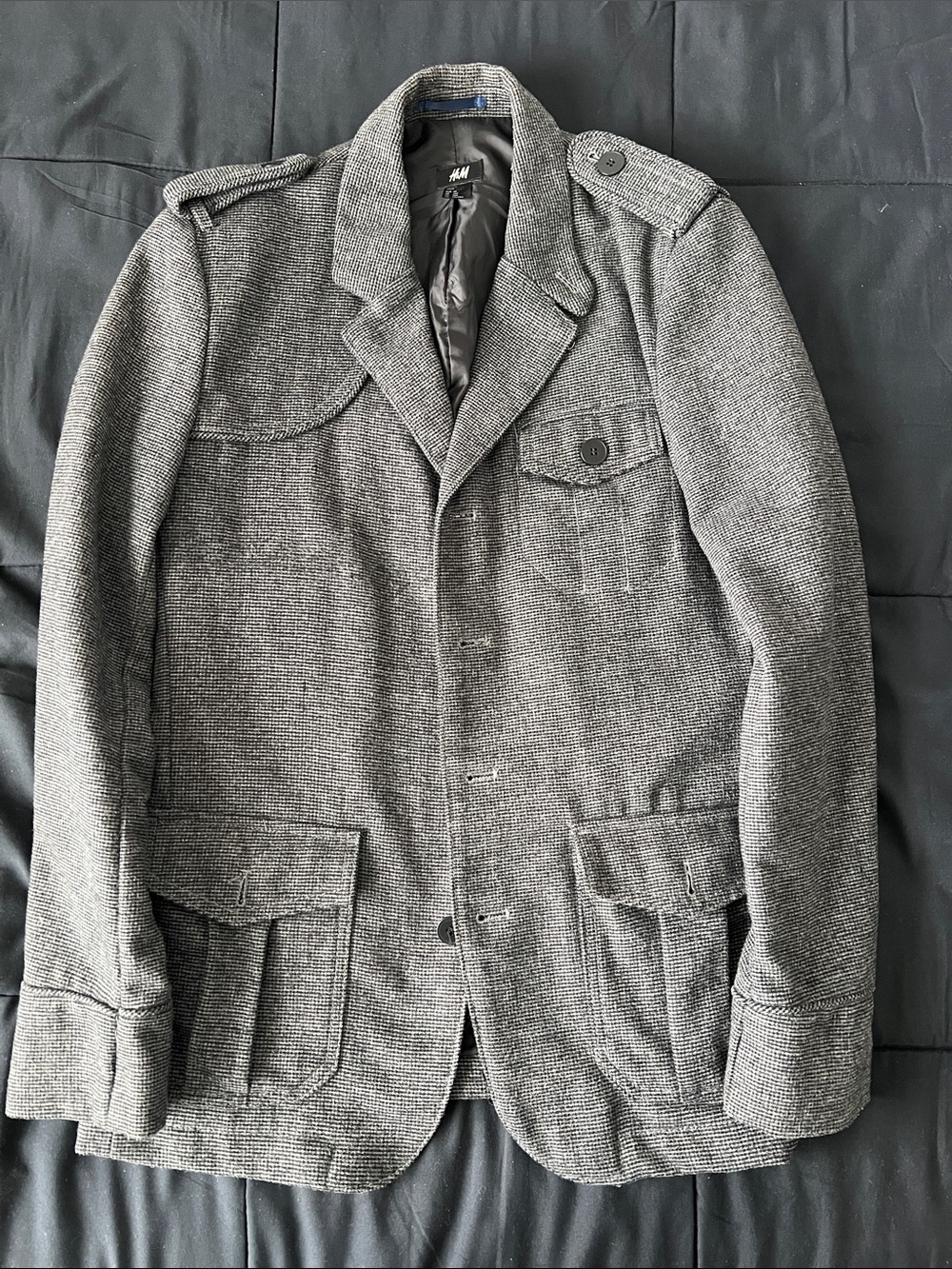 H&M Gray Herringbone Military-Style Field Jacket